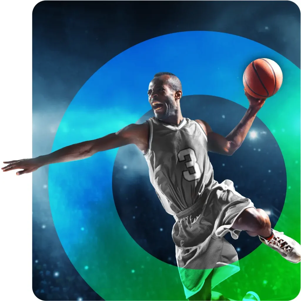 Basketball player rising for a dunk during a live broadcast