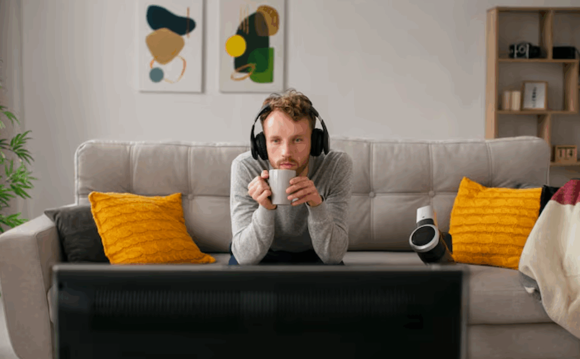 Viewer watching television with headphones in a living room