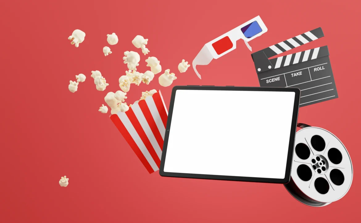 Illustration of a tablet, film reel and popcorn representing an on-demand movie library